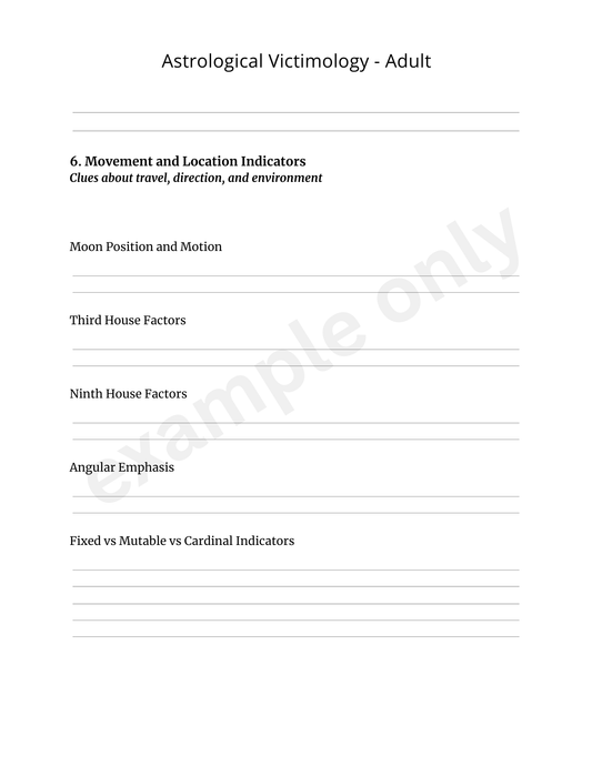 Document titled 'Astrological Victimology - Adult' with text on a white background