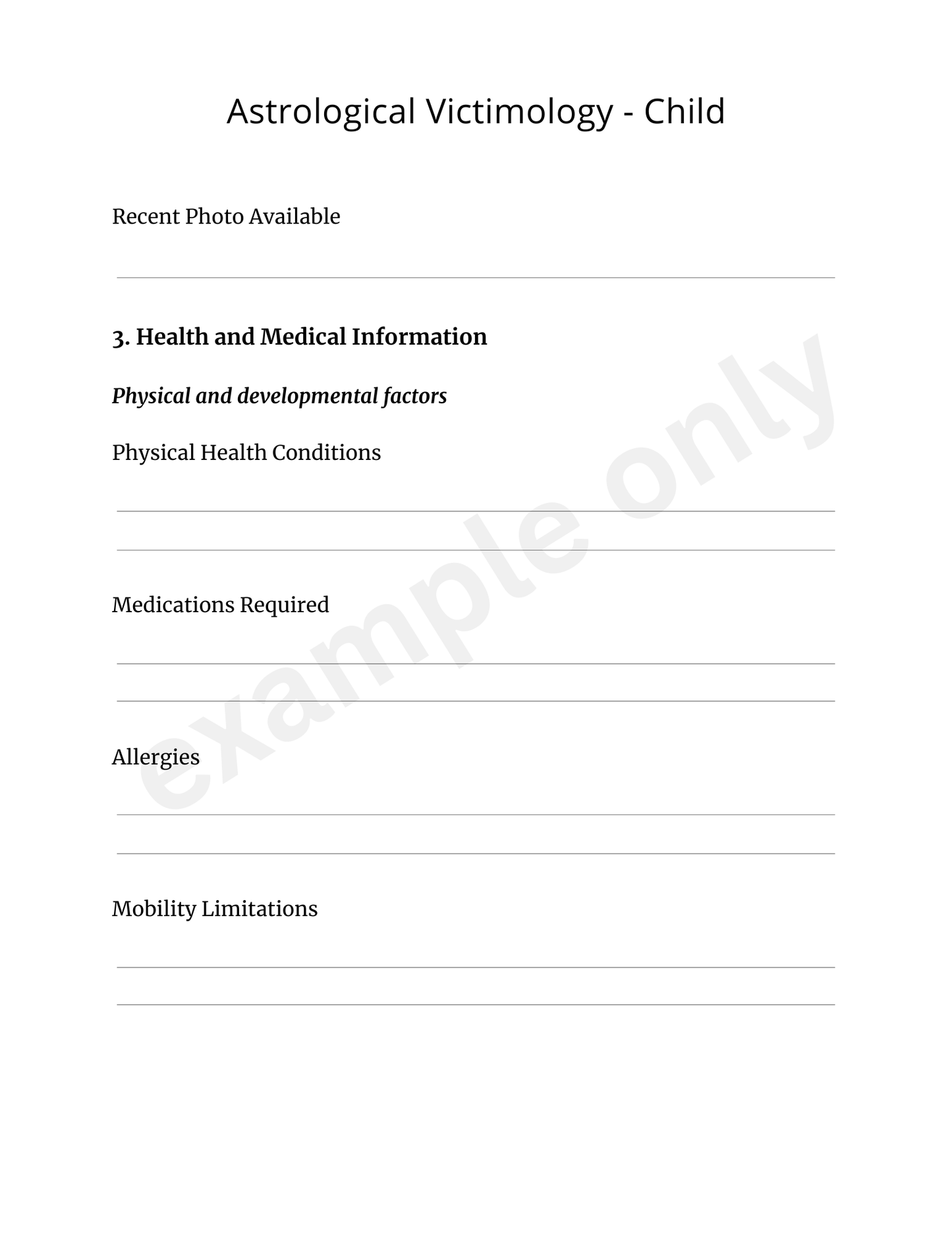 Form for astrological victimology with child health and medical information sections.