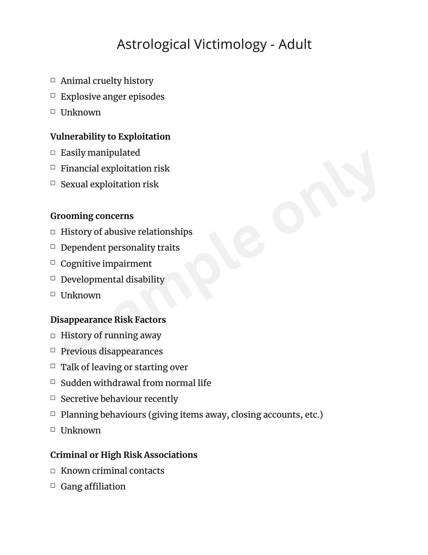 Document titled 'Astrological Victimology - Adult' with checkboxes and text on a white background.
