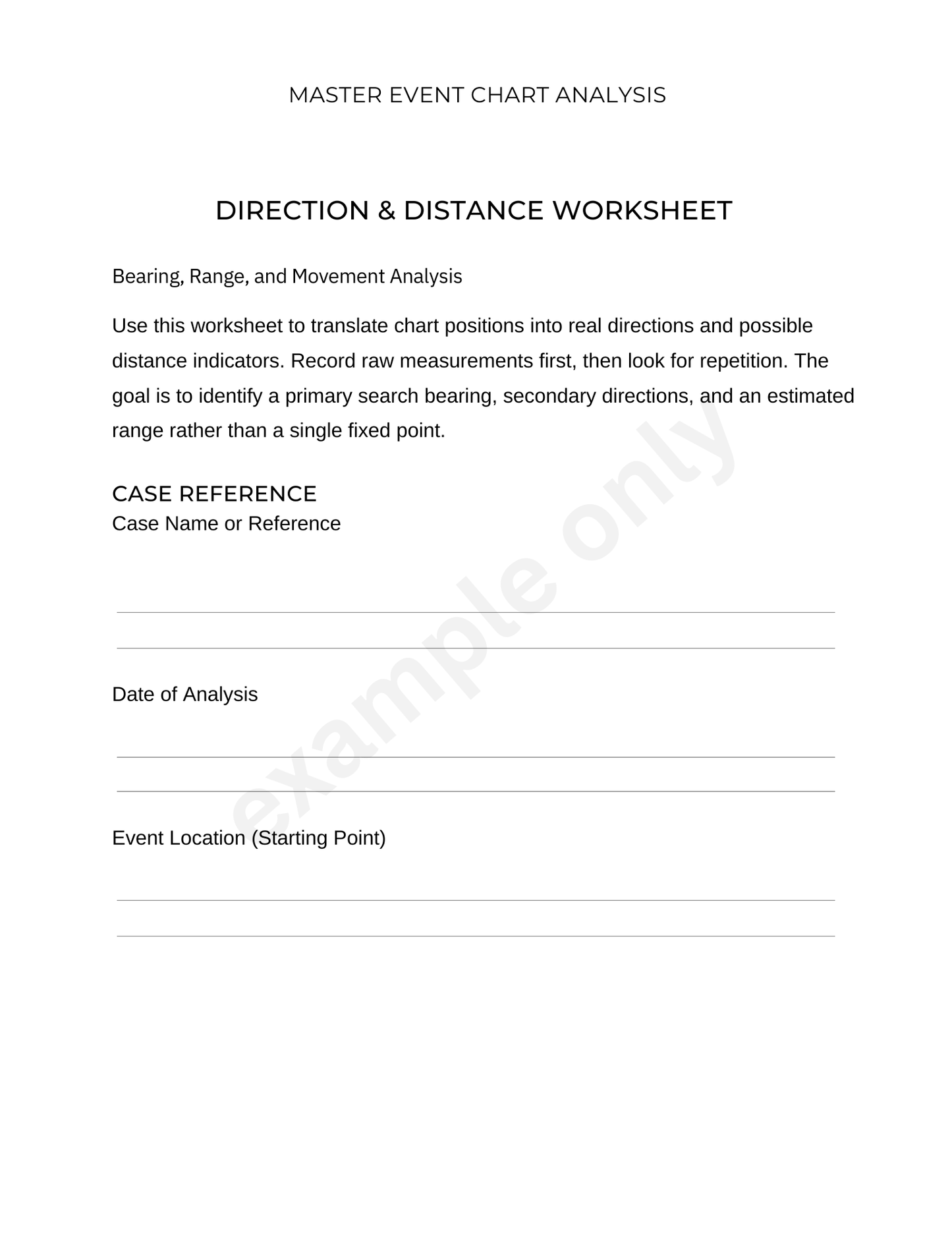 Direction and Distance Worksheet for event chart analysis on a white background