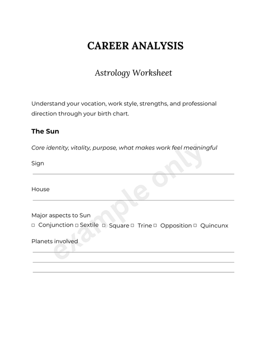 Career Analysis Astrology Worksheet with headings and checkboxes on a white background