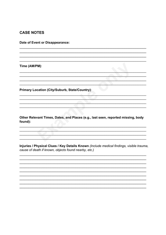Case notes form with fields for event details, time, location, and other relevant information.
