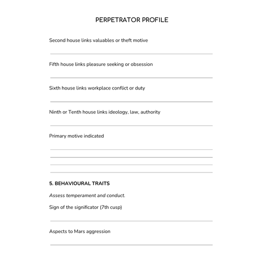 Perpetrator profile form with astrological house links and behavioural traits.