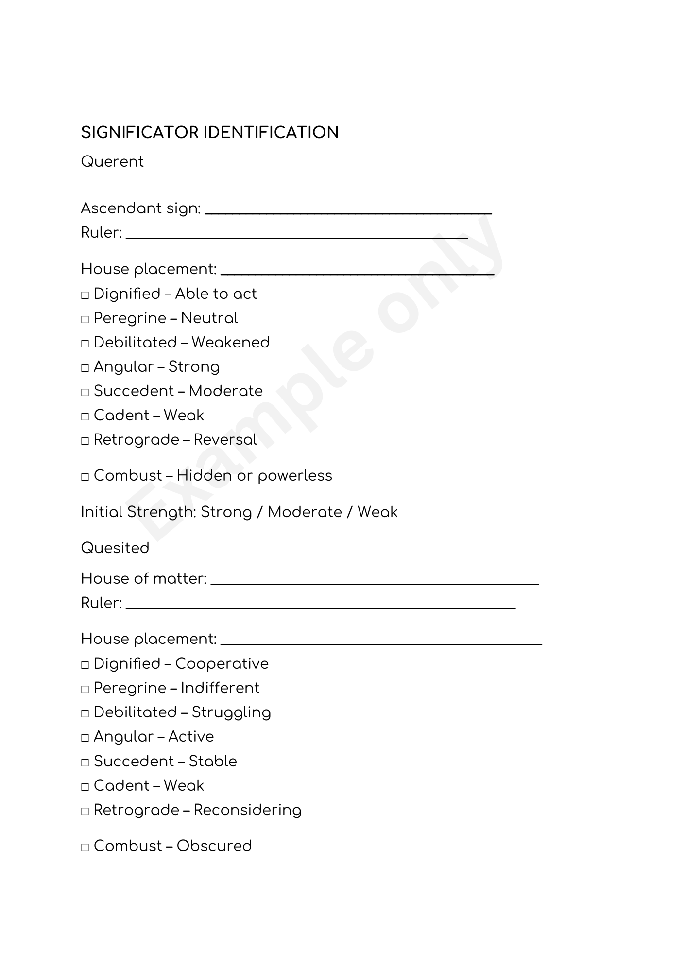 Horary Analysis Worksheets
